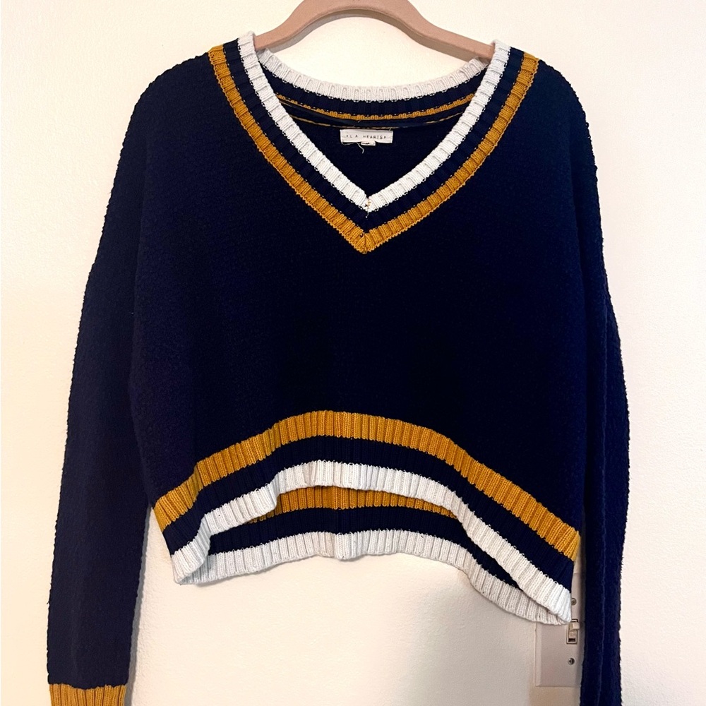 V-Neck Sweater with Stripe Accents - Dark Blue, White, Gold
